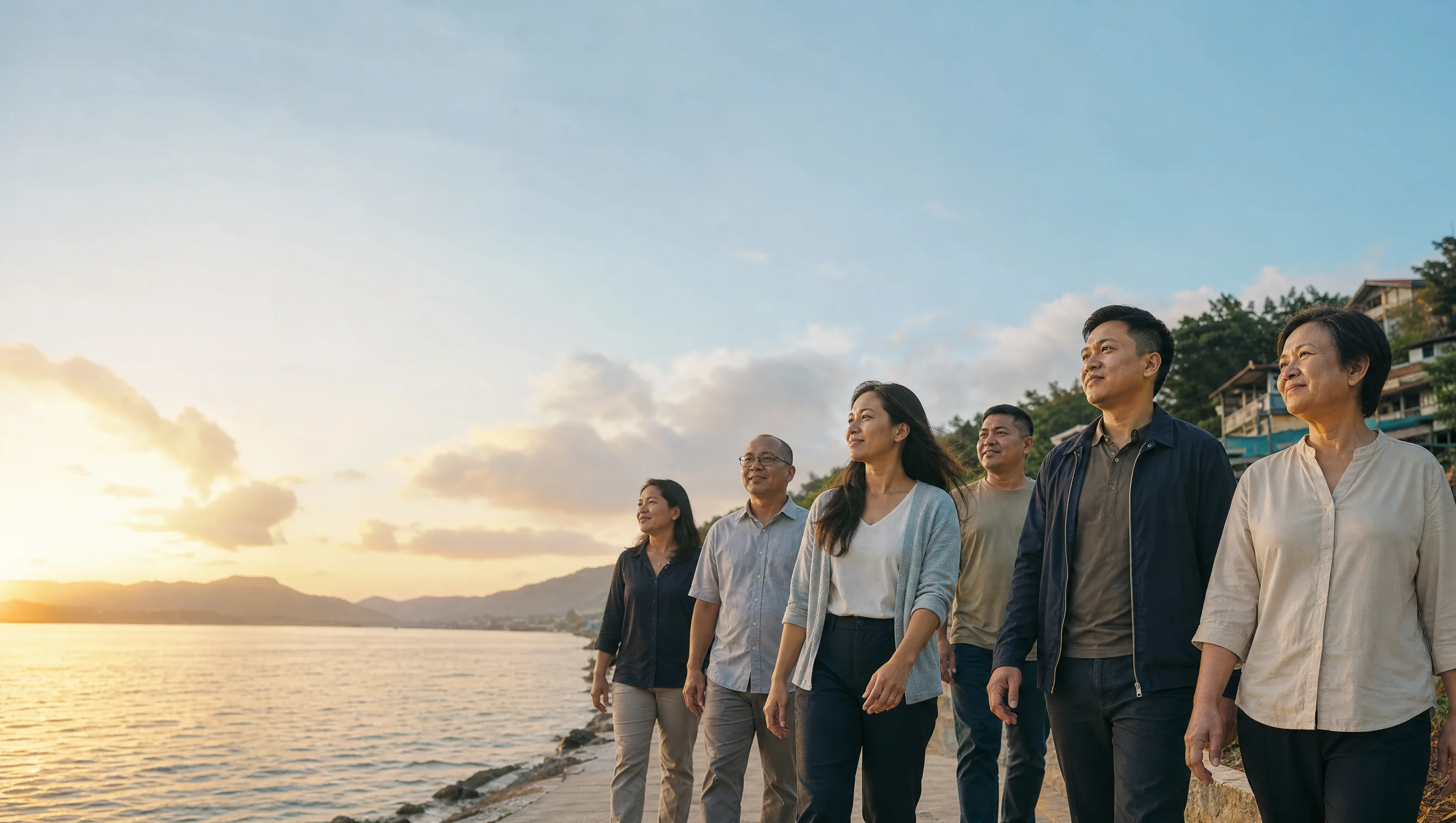 Six Filipino and Asian adults of mixed ages walk together beside the sea at dawn, looking toward a bright horizon.